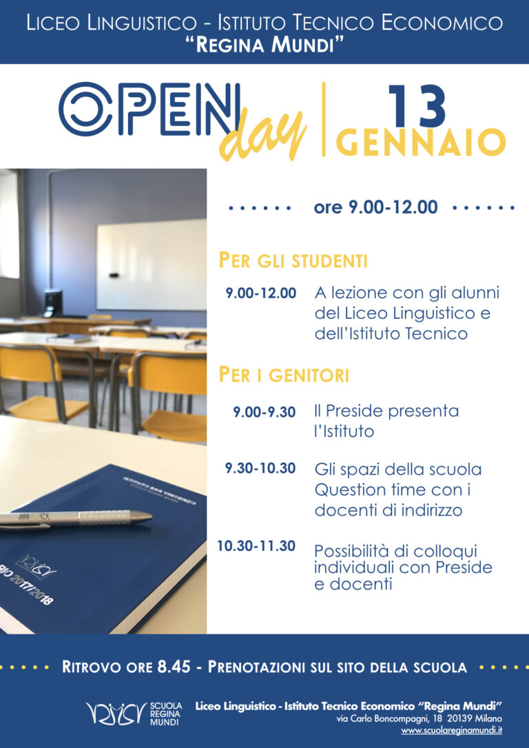 13 gennaio OPEN DAY delle Scuole Superiori Scuola Regina Mundi